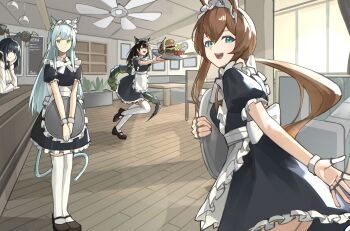 4girls absurdres alternate_costume amiya_(arknights) animal_ear_fluff animal_ears apron arknights black_dress black_hair blue_eyes bow breasts brown_hair brown_shoes burger cat_ears cat_girl cat_tail ceiling_fan ceiling_light chair closed_mouth closure_(arknights) cola collared_dress commentary counter crystal_horns crystal_tail dress english_commentary enmaided expressionless food french_fries frilled_apron frilled_dress frills full_body green_eyes green_streaks grey_hair hair_between_eyes hand_on_own_cheek hand_on_own_face happy head_rest highres holding holding_tray indoors jewelry lambda_(arknights) long_hair long_sleeves looking_at_viewer looking_back maid maid_apron maid_headdress menu_board mon3tr_(arknights) multicolored_hair multiple_girls multiple_rings open_mouth pointy_ears puffy_short_sleeves puffy_sleeves rabbit_ears rabbit_girl red_eyes ring ring_on_every_finger rosmontis_(arknights) shoes short_sleeves sidelocks small_breasts smile standing table tail thighhighs tray tripping waist_apron white_apron white_bow white_headdress white_thighhighs white_wrist_cuffs wooden_floor wrist_cuffs yagi000 zettai_ryouiki