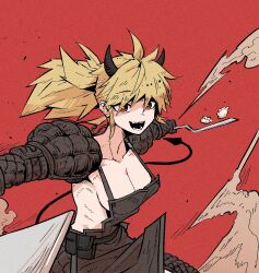Rule 34 | 1girl, backless outfit, black overalls, blonde hair, breasts, cleavage, collarbone, commentary, demon horns, demon tail, dorohedoro, han gong, highres, horns, nikaidou (dorohedoro), open mouth, overalls, ponytail, red background, red eyes, sideboob, solo, tail, waist bag