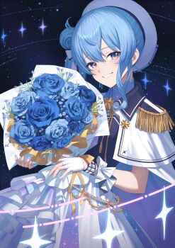 1girl absurdres beret blue_eyes blue_flower blue_hair blue_nails blue_rose blue_shirt bouquet brooch cape collared_shirt commentary double-parted_bangs earrings epaulettes fingerless_gloves flower gloves grin hair_between_eyes hat highres holding holding_bouquet hololive hoshimachi_suisei hoshimachi_suisei_(supernova) jewelry looking_at_viewer nail_polish official_alternate_costume rose shirt side_cape side_ponytail single_earring single_sidelock skirt smile solo star_(symbol) star_brooch star_in_eye symbol_in_eye tsubasasekai virtual_youtuber white_cape white_gloves white_hat white_skirt