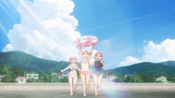 2025 20s 3girls animated animated_gif anime_screenshot arm_up armpits beach bikini blonde_hair blue_sky bouncing_breasts breasts brown_hair cloud collarbone holding kasamaru_aoi large_breasts long_hair medium_hair mountain multiple_girls open_mouth orange_hair pink_bikini pink_hair rash_guard rubber_ring running running_towards_viewer ruri_no_houseki sand short_hair sky small_breasts smile sun_beam swimsuit tagme tanigawa_ruri white_bikini yellow_eyes