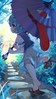 1girl absurdres blue_hair blue_shirt blush geta highres karakasa_obake kourou_(kouroukun) red_eyes shirt short_hair skirt solo tatara_kogasa touhou umbrella white_skirt