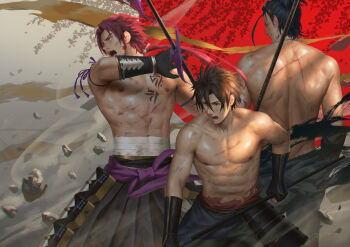 10s 3boys abs armor black_gloves black_hair brown_eyes brown_hair gloves injury japanese_armor long_sideburns male_focus multiple_boys nihongou_(touken_ranbu) nipples open_mouth otegine penguin_frontier polearm ponytail red_eyes red_hair rubble sarashi topless_male siddham smile spear tattoo tonbokiri_(touken_ranbu) torn_clothes touken_ranbu weapon yari