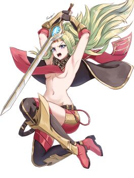 1girl alternate_costume breasts cosplay falchion_(fire_emblem) fgsketch fire_emblem fire_emblem_awakening green_hair nintendo no_bra nowi_(fire_emblem) open_mouth purple_eyes pyra_(xenoblade)_(prototype) small_breasts sword weapon xenoblade_chronicles_(series) xenoblade_chronicles_2
