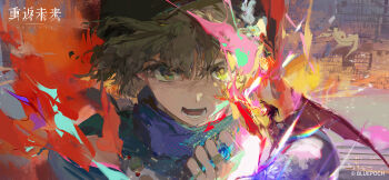 1girl armor blonde_hair blue_gemstone blue_neckerchief brume_(reverse:1999) burning city copyright_name copyright_notice dragon fire flower gem green_hat hair_flower hair_ornament hand_up hat highres holding holding_gem localized_gravity logo looking_at_viewer neckerchief newsboy_cap official_art official_wallpaper open_mouth portrait reverse:1999 short_hair shoulder_armor small_dragon solo v-shaped_eyebrows white_flower yellow_eyes