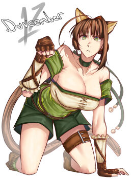 1girl absurdres ahoge animal_ears antenna_hair bell boots braid breasts brown_gloves bun_with_braided_base cat_ears cat_girl cat_tail claw_pose cleavage closed_mouth commentary cosplay dated duvalie eiyuu_densetsu english_commentary english_text fingerless_gloves fire_emblem fire_emblem:_path_of_radiance fire_emblem:_radiant_dawn frown gloves green_eyes hair_bun highres jingle_bell kneeling large_breasts lethe_(fire_emblem) lethe_(fire_emblem)_(cosplay) looking_at_viewer male_underwear moren_eh nintendo sen_no_kiseki_(series) simple_background single_hair_bun single_hair_intake solo tail underwear white_background