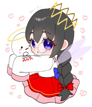 Rule 34 | 1girl, alt 0218, black hair, bow, braid, chibi, commentary request, crown, fairy, fairy wings, glasses, hair bow, halo, heart, highres, kirby (series), kirby 64, long skirt, low twin braids, nintendo, purple eyes, red bow, ripple star queen, skirt, sleeves past fingers, sleeves past wrists, twin braids, white background, wings, zero two (kirby)