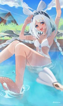 1girl aqua_headband barefoot blue_hairband body_markings braid feet fish-shaped_pupils foot_out_of_frame genshin_impact hairband hawaiian_clothes headband highres instrument jaguar_girl knees_together_feet_apart legs low_twin_braids maracas mihoyo mualani_(genshin_impact) soles stteroo surfing tan toes twin_braids