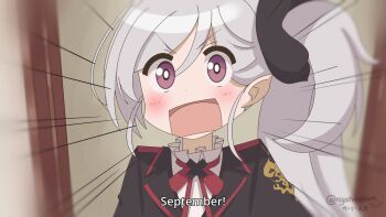 1girl artist_name black_jacket blue_archive blush bright_pupils collar commentary doorway dot_nose double-parted_bangs emphasis_lines english_commentary frilled_collar frills grey_hair hair_between_eyes highres jacket long_hair meme mutsuki_(blue_archive) nyahiro open_mouth pointy_ears purple_eyes rectangular_mouth red_ribbon red_trim ribbon scene_reference september shirt side_ponytail subtitled swept_bangs tongue upper_body v-shaped_eyebrows white_pupils white_shirt wide-eyed yuyushiki