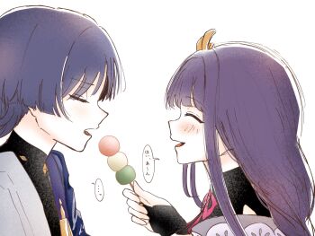 ... 1boy 1girl alternate_height black_bodysuit black_bridal_gauntlets black_hair black_shrug blue_cape blunt_ends blush bodysuit bridal_gauntlets cape dango eyelashes facing_another feeding food from_side genshin_impact gold_ring happy hetero highres holding holding_food japanese_clothes kimono long_hair long_sidelocks middle_ring mother_and_son off_shoulder open_mouth pon_oi4 profile purple_hair raiden_shogun sanshoku_dango scaramouche_(genshin_impact) shrug_(clothing) sidelocks speech_bubble spoken_ellipsis translation_request wagashi wanderer_(genshin_impact) white_background white_kimono white_trim wispy_bangs