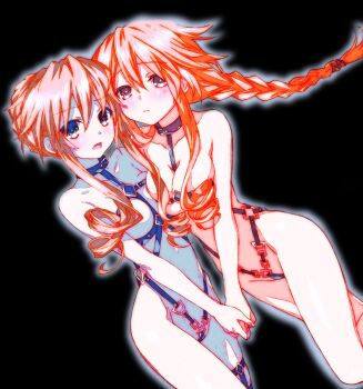 2girls black_background braid breasts chest_harness closed_mouth collarbone commentary_request date_a_live drill_hair grey_eyes harness holding_hands incest long_hair looking_at_viewer looking_back medium_breasts multiple_girls open_mouth orange_hair outline production_art revealing_clothes siblings simple_background sisters small_breasts twin_drills twincest twins twintails very_long_hair watanabe_yoshihiro white_outline yamai_kaguya yamai_kaguya_(spirit) yamai_yuzuru yamai_yuzuru_(spirit) yuri