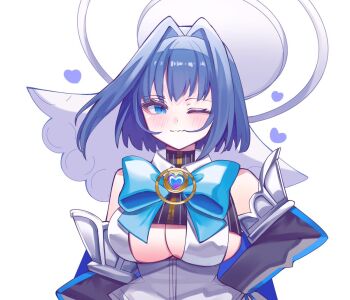 1girl bare_shoulders blue_eyes blue_hair blush breasts cleavage commentary dress english_commentary forever_moru halo hololive hololive_english large_breasts one_eye_closed ouro_kronii ouro_kronii_(1st_costume) short_hair simple_background solo upper_body virtual_youtuber white_background white_dress