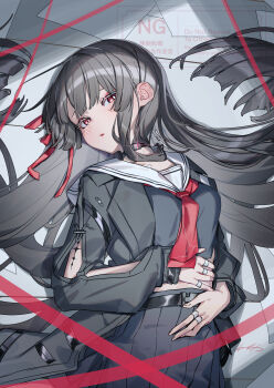 1girl absurdres arm_cutout black_choker black_hair black_jacket black_serafuku black_shirt black_skirt breasts chisa_(wuthering_waves) choker clothing_cutout commentary_request from_above hair_ribbon hands_on_own_stomach highres jacket light_blush long_hair long_sleeves looking_at_viewer lying medium_breasts mole mole_under_eye neckerchief on_back parted_lips partial_commentary red_eyes red_neckerchief red_ribbon ribbon sailor_collar school_uniform serafuku shiroane shirt skirt solo tacet_mark_(wuthering_waves) watermark white_sailor_collar wuthering_waves