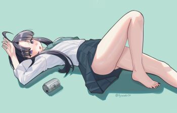 1girl absurdres ahoge aqua_necktie asahi_breweries awa_subaru beer_can black_hair black_nails black_skirt blue_background blush can commentary drink_can drunk english_commentary girls_band_cry highres long_hair lying nail_polish necktie on_back open_mouth parted_bangs purple_eyes ryyr7242 school_uniform shirt simple_background skirt solo thighs toenail_polish toenails white_shirt