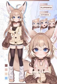 >_< 1girl :3 absurdres ahoge animal animal_ear_fluff animal_ears animal_feet animal_hug artist_name black_camisole black_shorts black_thighhighs blue_eyes brown_coat brown_hair camisole character_name choker coat multiple_expressions fang fennec_fox fluffen_(vtuber) fox fox_ears fox_girl fox_tail full_body highres hug indie_virtual_youtuber kithera long_hair nail_polish off_shoulder open_mouth shorts sleeves_past_wrists smile socks socks_over_thighhighs standing tail thighhighs thighs virtual_youtuber white_socks