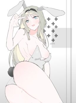 1girl an-94_(girls&#039;_frontline) animal_ears ass bad_link bare_shoulders blonde_hair blue_eyes breasts cross girls&#039;_frontline headband image_sample long_hair looking_at_viewer no_bra plunging_neckline rabbit_ears rabbit_tail simple_background smile tail twitter_sample v yongsadragon