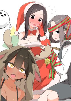 Rule 34 | 3girls, :o, absurdres, alternate costume, animal costume, bell, black eyes, black hair, blue eyes, blush, bob cut, bound, bow, bowtie, breasts, brown hair, christmas, collared shirt, commentary, cowboy shot, detached collar, dress, embarrassed, flying sweatdrops, from side, fur-trimmed dress, fur trim, ghost, gloves, grey hair, grey skirt, grey vest, hair between eyes, hand on own cheek, hand on own face, hand up, hands up, hat, highres, jingle bell, kurobe natsumi, large breasts, long sidelocks, looking at viewer, multiple girls, no nose, no pupils, nose blush, office lady, open mouth, own hands together, pencil skirt, red bow, red bowtie, red dress, red gloves, reindeer costume, sakurai touko, santa costume, santa dress, santa hat, senpai ga uzai kouhai no hanashi, sharp teeth, shirt, short hair, sidelocks, simple background, skirt, teeth, tied up (nonsexual), tsukishiro mona, untranslatable commentary, upper body, upper teeth only, uruti 2388, vest, white background, white shirt, wrapped up, yellow eyes