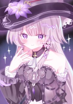 Rule 34 | 1girl, absurdres, ascot, bare shoulders, black hat, black sleeves, blush, breasts, closed mouth, collarbone, commentary, detached sleeves, fingernails, flower, grey hair, hand up, hashtag-only commentary, hat, hat flower, herta (honkai: star rail), highres, honkai: star rail, honkai (series), long hair, looking at viewer, medium breasts, nail polish, ne ru ri, purple eyes, purple flower, purple nails, sleeveless, smile, solo, the herta (honkai: star rail), upper body, very long hair, white ascot