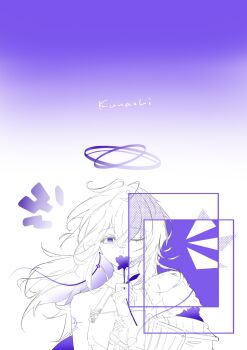 Rule 34 | 1girl, antenna hair, arknights, artist name, ben-day dots, blue theme, character name, commentary, covered mouth, detached collar, dot nose, double halo, energy wings, flower, flower to mouth, fur-trimmed jacket, fur trim, gradient background, hair between eyes, halo, hand up, highres, holding, holding flower, jacket, jacket partially removed, long hair, long sidelocks, looking at viewer, monochrome, narachidori, one eye closed, purple theme, revealing layer, screentones, shoulder tattoo, sidelocks, single bare shoulder, solo, straight-on, tattoo, upper body, vannini (arknights)