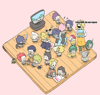 aged_down aizawa_shota all_might aoyama_yuuga ashido_mina asui_tsuyu bakugou_katsuki best_jeanist black_hair blonde_hair boku_no_hero_academia brown_hair character_doll child closed_mouth commentary_request doll drawing fat_gum_(boku_no_hero_academia) green_hair hagakure_toru holding holding_sword holding_weapon iida_tenya jiro_kyoka kaminari_denki kirishima_eijirou koo1088 kouda_kouji long_hair long_sleeves mineta_minoru molcar musical_note ojiro_mashirao on_floor open_mouth pink_background pink_hair pui_pui_molcar purple_hair red_hair satou_rikidou school_uniform sero_hanta short_hair shouji_mezou simple_background skirt standing sword television todoroki_shoto tokoyami_fumikage twitter_username uraraka_ochako weapon white_hair yagi_toshinori yaoyorozu_momo