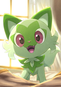 :d fangs happy highres indoors looking_at_viewer nintendo no_humans open_mouth pokemon pokemon_(creature) pokemon_focus purple_eyes rumine_(yoshi1234567) smile solo sprigatito standing tongue window