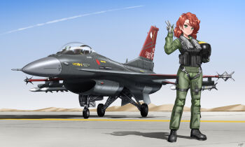 1girl aim-120_amraam aim-9_sidewinder air-to-air_missile aircraft airplane black_boots blue_sky boots breasts brown_hair canopy_(aircraft) cockpit commentary commission contrail curly_hair day english_commentary f-16_fighting_falcon fighter_jet flight_suit gloves green_eyes green_jumpsuit grey_gloves hand_up helmet highres hill holding holding_unworn_helmet jumpsuit landing_gear life_vest long_sleeves medium_breasts medium_hair military_vehicle missile original outdoors pilot pilot_helmet pouch roundel runway shadow signature sky smile solo standing unworn_helmet vehicle_focus zero_(73ro)