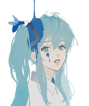 1girl blue_eyes blue_hair blue_theme collared_shirt highres long_hair looking_at_viewer original paint paint_splatter paint_splatter_on_face parted_lips portrait sankomichi shirt simple_background solo twintails wasp white_background