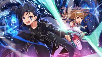 Rule 34 | 2girls, asuna (sao), asuna (sao) (cosplay), black coat, black gloves, black hair, black pants, blue eyes, brown hair, coat, commentary request, cosplay, dual wielding, dungeon, energy, facial mark, fingerless gloves, floating hair, game cg, gloves, holding, holding sword, holding weapon, idolmaster, idolmaster million live!, idolmaster million live! theater days, indoors, julia (idolmaster), kirito, kirito (cosplay), long sleeves, multiple girls, official alternate costume, official alternate hair color, official art, open mouth, pants, short hair, star (symbol), star facial mark, sword, sword art online, tanaka kotoha, third-party source, weapon