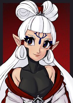 bare_shoulders bodystocking breasts brown_hair cleavage facial_tattoo hair_bun hair_ornament hair_rings highres hyrule_warriors:_age_of_calamity impa nintendo pointy_ears sheikah skin_tight straight_hair tattoo teevo the_legend_of_zelda the_legend_of_zelda:_breath_of_the_wild white_hair
