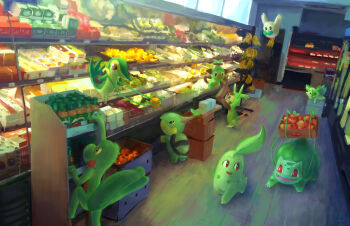 +++ :d absurdres applin banana bright_pupils bulbasaur chespin chikorita commentary fangs food fruit gen_1_pokemon gen_2_pokemon gen_3_pokemon gen_4_pokemon gen_5_pokemon gen_6_pokemon gen_7_pokemon gen_8_pokemon grookey highres holding indoors nintendo open_mouth plant pokemon red_eyes rowlet shop shopping smile snivy sprigatito standing treecko turtwig vines vinoburrito walking white_pupils wooden_floor