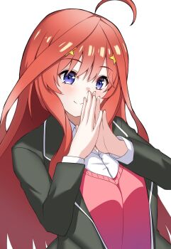 Rule 34 | 1girl, ahoge, black cardigan, blue eyes, blush, cardigan, closed mouth, commentary request, go-toubun no hanayome, hair between eyes, hair ornament, highres, long hair, looking at viewer, nakano itsuki, own hands together, red hair, red sweater vest, shirt, smile, solo, star (symbol), star hair ornament, sweater vest, white background, white shirt, yamichi (yamichi8369)