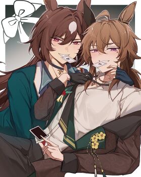 Rule 34 | 2girls, ahoge, animal ears, black choker, brown hair, brown jacket, card, choker, collared shirt, commentary, english commentary, fingerless gloves, gloves, green jacket, grin, highres, holding, holding card, horse ears, horse girl, jacket, jenn (slopjoshi), long hair, looking at viewer, mouth hold, multiple girls, nakayama festa (festival game) (umamusume), nakayama festa (umamusume), pink eyes, playing card, red eyes, shirt, sidelocks, single glove, sirius symboli (feroce) (umamusume), sirius symboli (umamusume), smile, umamusume, white shirt