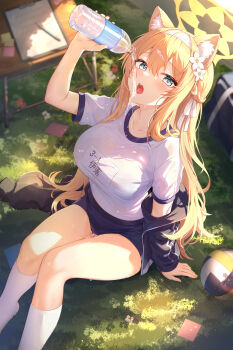 1girl absurdres animal_ear_fluff blue_archive blue_eyes bottle breasts commentary_request flower grey_eyes gym_shorts gym_uniform hair_flower hair_ornament hairband halo highres holding holding_bottle jacket kuroida large_breasts long_hair looking_at_viewer mari_(blue_archive) mari_(track)_(blue_archive) meadow official_alternate_costume open_mouth orange_hair plastic_bottle shorts sitting solo track_jacket white_flower white_hairband yellow_halo
