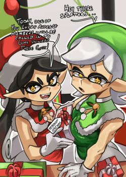 +_+ 2girls artist_name ass black_hair bow-shaped_hair breasts callie_(splatoon) commentary cousins dress english_commentary english_text fangs fur-trimmed_collar fur_trim gift gloves green_dress green_hat green_santa_costume grey_hair hat highres holding holding_gift inkling long_hair marie_(splatoon) mole mole_under_eye moxydraws multiple_girls nintendo open_mouth patreon_logo pointy_ears red_dress red_hat santa_costume santa_hat sleeveless sleeveless_dress smile splatoon_(series) swept_bangs tentacle_hair updo upper_body watermark web_address yellow_eyes