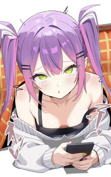 1girl absurdres barbell_piercing black_tank_top breasts cellphone center-flap_bangs cleavage double-parted_bangs ear_piercing earrings gradient_hair green_eyes green_nails grey_jacket hair_ornament hairclip highres holding holding_phone hololive implied_sex industrial_piercing jacket jewelry kotatsu long_hair lying multicolored_hair nail_polish nekonosuke off_shoulder on_stomach open_mouth paid_reward_available parallel_hairclips phone piercing pink_hair pink_nails pointy_ears purple_hair small_breasts smartphone solo strap_slip table tank_top tokoyami_towa twintails under_kotatsu under_table virtual_youtuber