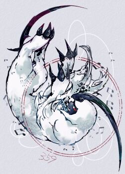 absol animal_focus bwmtk1110 claws fluffy full_body gen_3_pokemon grey_background highres horns looking_at_viewer mane musical_note neck_fur nintendo no_humans pokedex_number pokemon pokemon_(creature) pokemon_focus red_eyes simple_background single_horn solo standing tail white_fur