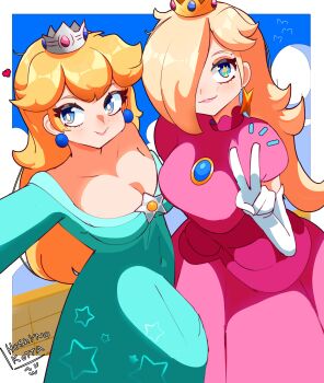 Rule 34 | 2girls, absurdres, artist name, blonde hair, blue dress, blue eyes, blush, border, breasts, brooch, cleavage, closed mouth, commentary, cosplay, costume switch, crown, dress, earrings, elbow gloves, english commentary, gloves, hair over one eye, highres, hoshinokotta, jewelry, large breasts, long hair, long sleeves, looking at viewer, looking to the side, mario (series), multiple girls, nintendo, off-shoulder dress, off shoulder, outside border, pink dress, princess peach, princess peach (cosplay), puffy short sleeves, puffy sleeves, rosalina, rosalina (cosplay), short sleeves, smile, sphere earrings, star-shaped pupils, star (symbol), star brooch, star earrings, star print, symbol-shaped pupils, v, white border, white gloves