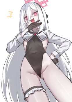 Rule 34 | +++, 1girl, :d, absurdres, aoi riko, black leotard, black neckerchief, blue archive, cowboy shot, frilled thigh strap, gluteal fold, hair between eyes, halo, hand on own hip, hand up, highres, kei (blue archive), kei (new body) (blue archive), laughing, leotard, long hair, long sleeves, looking at viewer, neckerchief, ojou-sama pose, open mouth, pink eyes, pink halo, shrug (clothing), simple background, smile, solo, thigh strap, white background, white hair, white shrug