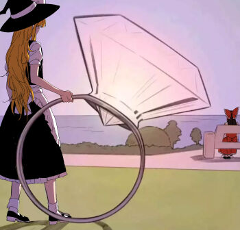 2girls aihara-rina apron back_bow black_shoes blonde_hair bow chinese_commentary commentary_request diamond_(gemstone) diamond_ring frilled_bow frilled_skirt frills hair_bow hakurei_reimu hat hat_bow highres holding holding_jewelry holding_ring jewelry kirisame_marisa long_hair mary_janes multiple_girls ornate_ring outdoors oversized_object puffy_short_sleeves puffy_sleeves red_bow red_skirt ring shoes short_sleeves skirt skirt_set socks touhou waist_apron white_socks witch_hat yuri