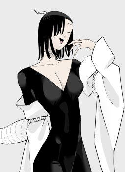 Rule 34 | 1girl, breasts, cleavage, dragon horns, dress, forked tongue, horns, kagu (lanthrot), large breasts, smile, tail, tongue, tongue out