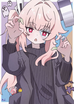 1girl ahoge blue_archive colored_skin commentary_request cosplay frankenstein&#039;s_monster frankenstein&#039;s_monster_(cosplay) grey_skin highres long_hair natsu_(blue_archive) ni_mono object_through_head pink_hair red_eyes screw_in_head side_ponytail star-shaped_pupils star_(symbol) stitched_face stitched_fingers stitches symbol-shaped_pupils