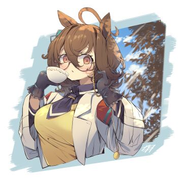1girl absurdres agnes_tachyon_(tach-nology)_(umamusume) agnes_tachyon_(umamusume) ahoge animal_ears black_gloves blue_sky blush breasts brown_hair coat commentary_request cup earrings eyewear_strap glasses gloves hair_between_eyes highres horse_ears horse_girl huge_ahoge jewelry lab_coat large_breasts long_sleeves looking_at_viewer medium_hair necktie parted_lips red_eyes shirt short_necktie single_earring sky solo sweater tree umamusume upper_body white_coat woruta_(soloistlist) yellow_sweater