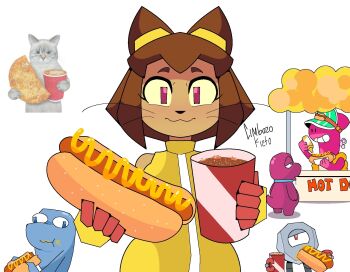 1girl 4boys :3 animal_ears blue_eyes brown_hair burger cat cat_ears cat_girl cheese chimbazo_kieto closed_mouth cola colored_sclera cup dark-skinned_female dark_skin disposable_cup drinking_glass eating english_text fast_food flappers_(gameoverse) food food_on_face french_fries furry furry_female furry_male gameoverse gloves gobbles_(gameoverse) hat highres holding holding_cup holding_food holding_pizza hot_dog humanization jacket kaboodle_(gameoverse) ketchup kit_bodega looking_at_viewer meme multiple_boys photo_inset pizza pizza_slice purple_eyes red_eyes reference_inset sausage shirt short_hair simple_background sleeveless smile soda whiskers white_background yellow_jacket yellow_sclera yellow_shirt