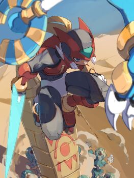 1boy absurdres armor battle commentary_request energy_sword forehead_jewel helmet highres holding holding_sword holding_weapon mega_man_(series) mega_man_zero_(series) mega_man_zero_1 omochi_(mochi_skymega) pantheon_(mega_man) red_armor red_helmet solo_focus sword weapon z_saber zero(z)_(mega_man) zero_(mega_man)