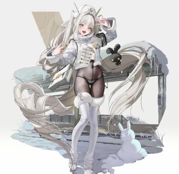 :d bag blanc_(fortune_express)_(nikke) blanc_(nikke) blush bodystocking covered_navel dore_(gilles_dore) fang fingernails full_body goddess_of_victory:_nikke hair_intakes highres jacket long_hair looking_at_viewer official_art open_mouth panties shoulder_bag smile snow thighhighs underwear v very_long_hair white_hair white_jacket white_panties yellow_eyes