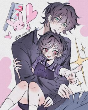 1boy 1girl age_difference aged_down andrew_graves ashley_graves black_hair black_sweater blush brother_and_sister cleaver felichiii green_eyes heart highres jewelry looking_at_viewer necklace pants pink_eyes pointing rabbit siblings sitting striped_clothes sweater the_coffin_of_andy_and_leyley torn_clothes torn_pants