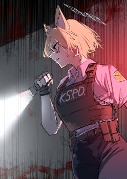 Rule 34 | 1girl, alternate hairstyle, ammunition pouch, animal ear fluff, animal ears, belt, black gloves, blonde hair, blue archive, blue eyes, blue halo, blue pants, blue shirt, brown belt, bulletproof vest, collared shirt, commentary request, cowboy shot, dog ears, dog girl, extra ears, flashlight, ganma (nicoseiga52595768), gloves, halo, highres, holding, holding flashlight, kanna (blue archive), pants, parted lips, police, police uniform, policewoman, pouch, shirt, short hair, small sweatdrop, solo