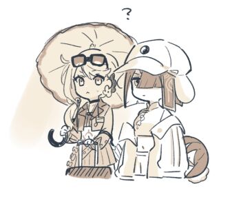 2girls :< ? chloe_von_einzbern chloe_von_einzbern_(swimsuit_avenger)_(first_ascension) commentary_request eyewear_on_head fate/grand_order fate_(series) hair_over_one_eye hat holding holding_umbrella kanoko_iii long_hair midriff monochrome multiple_girls navel pubic_tattoo rolling_suitcase suitcase tattoo umbrella xu_fu_(fate) xu_fu_(swimsuit_avenger)_(third_ascension)_(fate) yin_yang