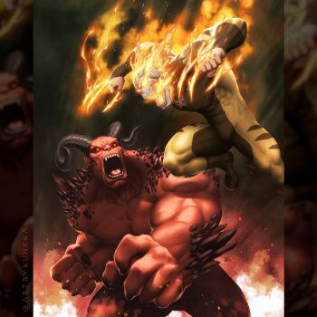 2boys black_horns bodysuit brown_bodysuit claw_(weapon) claws clenched_hands colored_skin comic_cover commentary covered_abs daken demon_boy english_commentary fighting fingernails fire flaming_skull grey_background hell_hulk hellverine highres horns kunkka male_focus marvel multicolored_bodysuit multiple_boys obliques official_art open_mouth red_skin sharp_fingernails sharp_teeth skull spikes superhero_costume teeth twitter_username weapon wolverine_(x-men) x-men yellow_bodysuit