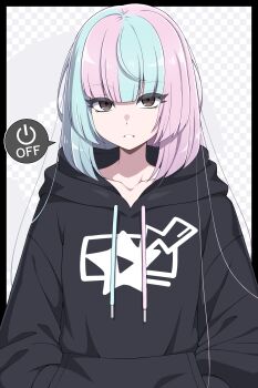 Rule 34 | 1girl, absurdres, alternate costume, alternate hairstyle, black hoodie, blue hair, brown eyes, collarbone, commentary request, drawstring, hair down, hands in pockets, highres, hood, hoodie, iono (pokemon), long hair, long sleeves, looking at viewer, multicolored hair, nintendo, open mouth, pink hair, pokemon, pokemon sv, print hoodie, shabana may, solo, speech bubble, star (symbol), two-tone hair, upper body
