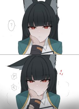 1boy 1girl ? absurdres animal_ear_fluff animal_ears black_hair blunt_bangs blush fox_ears fox_girl green_jacket heart highres hoshimi_miyabi jacket namikare orange_eyes speech_bubble upper_body wise_(zenless_zone_zero) zenless_zone_zero